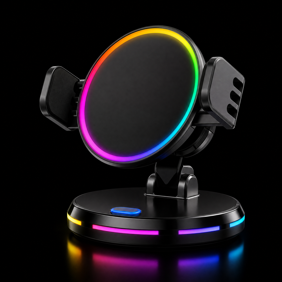 Soporte de Celular para Auto con Luces RGB – Sujeción Automática y Base Anti-Vibración