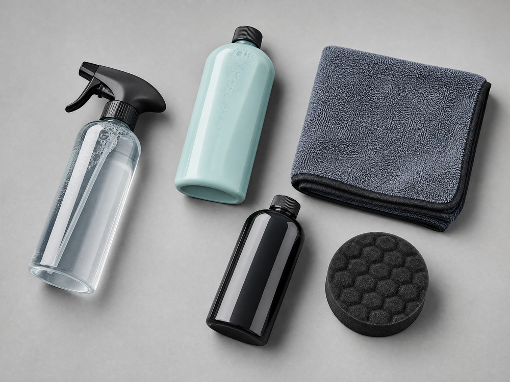 Styled flat-lay of car detailing bottles, towel, and applicator pad