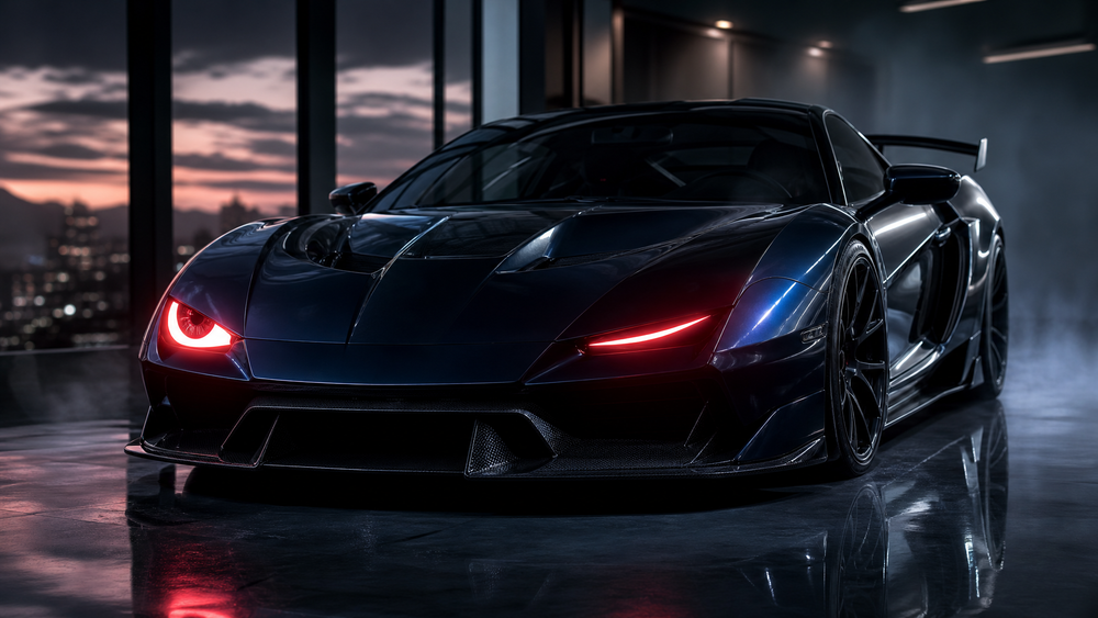 Luxury sports car with winking devil-eye LED headlight projection