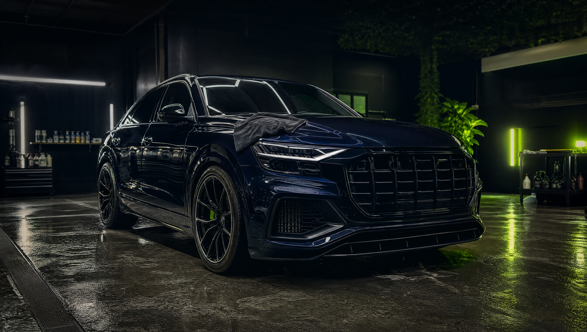 Wide shot of a dark luxury car in a moody detailing garage with lime-green accent lighting