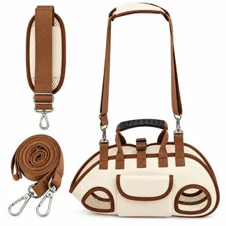 Sac pour chat beige et marron avec bandoulière et laisse